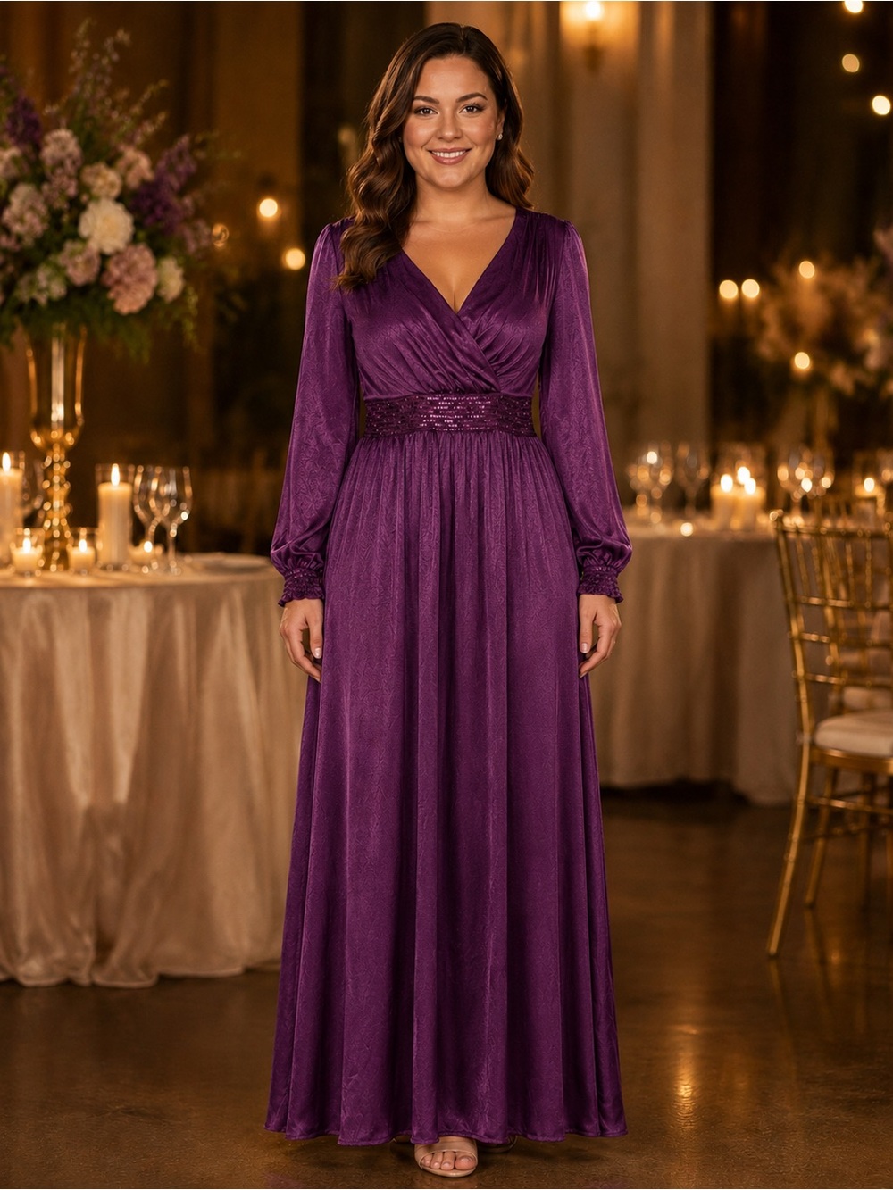 NWT BloomChic Deep Purple V-Neck Long Sleeve Maxi Dress Size 12
